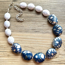 Load image into Gallery viewer, Vintage Navy & Silver Beaded long necklace, white shiny beaded statement necklace, everyday chunky layering single strand gray bead