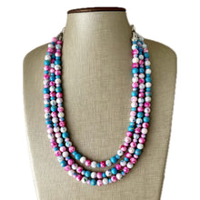 Load image into Gallery viewer, Cotton Candy Carnival Necklace, Pink & blue Gender Reveal Party Present, blush pink baby blue chunky beaded royal blue hot pink