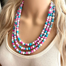 Load image into Gallery viewer, Cotton Candy Carnival Necklace, Pink & blue Gender Reveal Party Present, blush pink baby blue chunky beaded royal blue hot pink