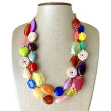 Load image into Gallery viewer, Donut Dreamscape Necklace, Rainbow 2 strand Chunky Statement, Orange blue green pink yellow jewelry bridesmaid bib wedding chunky bib beaded