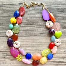 Load image into Gallery viewer, Donut Dreamscape Necklace, Rainbow 2 strand Chunky Statement, Orange blue green pink yellow jewelry bridesmaid bib wedding chunky bib beaded