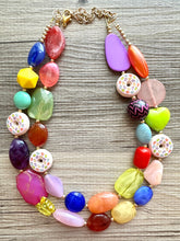 Load image into Gallery viewer, Donut Dreamscape Necklace, Rainbow 2 strand Chunky Statement, Orange blue green pink yellow jewelry bridesmaid bib wedding chunky bib beaded