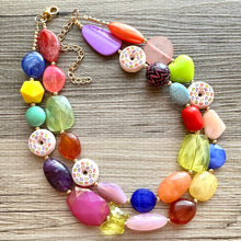 Load image into Gallery viewer, Donut Dreamscape Necklace, Rainbow 2 strand Chunky Statement, Orange blue green pink yellow jewelry bridesmaid bib wedding chunky bib beaded
