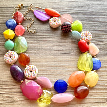 Load image into Gallery viewer, Donut Dreamscape Necklace, Rainbow 2 strand Chunky Statement, Orange blue green pink yellow jewelry bridesmaid bib wedding chunky bib beaded