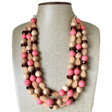 Load image into Gallery viewer, Coral Morning Glory Statement Necklace, multi Strand Beaded Jewelry, wood jewelry, brown necklace, big beaded