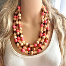 Load image into Gallery viewer, Coral Morning Glory Statement Necklace, multi Strand Beaded Jewelry, wood jewelry, brown necklace, big beaded