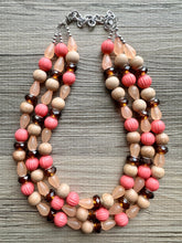 Load image into Gallery viewer, Coral Morning Glory Statement Necklace, multi Strand Beaded Jewelry, wood jewelry, brown necklace, big beaded