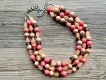 Load image into Gallery viewer, Coral Morning Glory Statement Necklace, multi Strand Beaded Jewelry, wood jewelry, brown necklace, big beaded