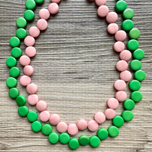 Load image into Gallery viewer, Blush Pink & Green Double Statement Necklace, Chunky Jewelry Big Beaded Necklace, light pink Necklace, baby pink Jewelry bubble Earrings