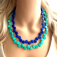 Load image into Gallery viewer, Royal Blue & Green teal 2 Strand Statement Necklace, Chunky Jewelry Big Beaded Necklace, dark blue geometric zig zag bubble round earrings