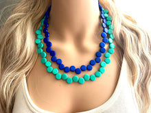 Load image into Gallery viewer, Royal Blue & Green teal 2 Strand Statement Necklace, Chunky Jewelry Big Beaded Necklace, dark blue geometric zig zag bubble round earrings