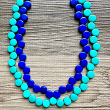 Load image into Gallery viewer, Royal Blue & Green teal 2 Strand Statement Necklace, Chunky Jewelry Big Beaded Necklace, dark blue geometric zig zag bubble round earrings