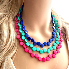 Load image into Gallery viewer, Royal Blue & Green teal pink 3 Strand Statement Necklace, Chunky Jewelry Big Beaded Necklace, dark blue geometric zig zag bubble earrings