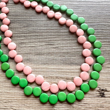 Load image into Gallery viewer, Blush Pink & Green Double Statement Necklace, Chunky Jewelry Big Beaded Necklace, light pink Necklace, baby pink Jewelry bubble Earrings