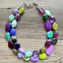 Load image into Gallery viewer, Purple & Green Mosaic Necklace, multi strand colorful jewelry, big beaded chunky statement necklace, purple jewel tone silver green