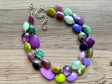 Load image into Gallery viewer, Purple & Green Mosaic Necklace, multi strand colorful jewelry, big beaded chunky statement necklace, purple jewel tone silver green