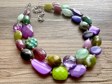 Load image into Gallery viewer, Purple & Green Mosaic Necklace, multi strand colorful jewelry, big beaded chunky statement necklace, purple jewel tone silver green