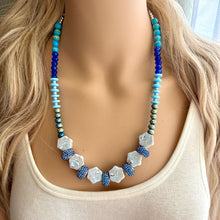 Load image into Gallery viewer, Shoreline BoardWalk Chunky Statement Necklace, big Beaded thick Jewelry, Single Strand wedding or everyday dress, turquoise green blue