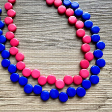 Load image into Gallery viewer, Pink + Blue Double Strand Statement Necklace, Chunky Geometric Beaded Bib Jewelry earrings, dark blue set gender reveal party zig zag