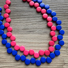 Load image into Gallery viewer, Pink + Blue Double Strand Statement Necklace, Chunky Geometric Beaded Bib Jewelry earrings, dark blue set gender reveal party zig zag