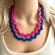 Load image into Gallery viewer, Pink + Blue Double Strand Statement Necklace, Chunky Geometric Beaded Bib Jewelry earrings, dark blue set gender reveal party zig zag