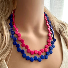 Load image into Gallery viewer, Pink + Blue Double Strand Statement Necklace, Chunky Geometric Beaded Bib Jewelry earrings, dark blue set gender reveal party zig zag