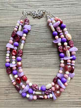 Load image into Gallery viewer, Girls Sleepover Necklace, Beaded 3 Layer Necklace, bead statement necklace, blush hot pink purple eggplant beaded bib chunky heart love