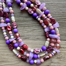 Load image into Gallery viewer, Girls Sleepover Necklace, Beaded 3 Layer Necklace, bead statement necklace, blush hot pink purple eggplant beaded bib chunky heart love
