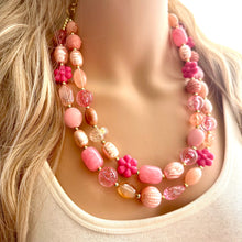 Load image into Gallery viewer, Rosey Fog statement necklace, chunky bib necklace, beaded jewelry blush pink necklace, 2 strand magenta jewelry gold cream white