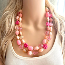 Load image into Gallery viewer, Rosey Fog statement necklace, chunky bib necklace, beaded jewelry blush pink necklace, 2 strand magenta jewelry gold cream white