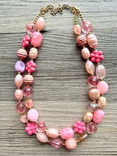 Load image into Gallery viewer, Rosey Fog statement necklace, chunky bib necklace, beaded jewelry blush pink necklace, 2 strand magenta jewelry gold cream white