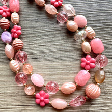 Load image into Gallery viewer, Rosey Fog statement necklace, chunky bib necklace, beaded jewelry blush pink necklace, 2 strand magenta jewelry gold cream white