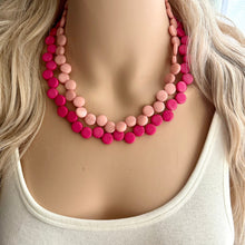 Load image into Gallery viewer, Hot Pink & Blush Double Statement Necklace, Chunky Jewelry Big Beaded Necklace, dark pink Necklace, magenta pink Jewelry bubble Earrings