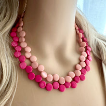 Load image into Gallery viewer, Hot Pink & Blush Double Statement Necklace, Chunky Jewelry Big Beaded Necklace, dark pink Necklace, magenta pink Jewelry bubble Earrings