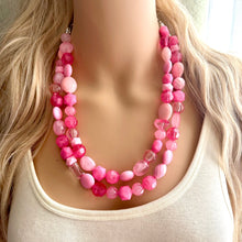 Load image into Gallery viewer, Pink on pink Necklace, Double strand pink jewelry, big beaded chunky statement necklace, blush necklace, bib baby pink vacation collar