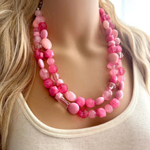 Load image into Gallery viewer, Pink on pink Necklace, Double strand pink jewelry, big beaded chunky statement necklace, blush necklace, bib baby pink vacation collar