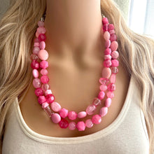 Load image into Gallery viewer, Pink on pink Necklace, Double strand pink jewelry, big beaded chunky statement necklace, blush necklace, bib baby pink vacation collar