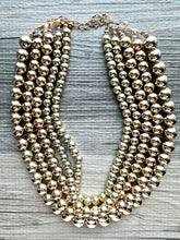 Load image into Gallery viewer, Gold Mirror chunky collar statement necklace, big beaded jewelry gifts for women bib jewelry 5 strand metallic acrylic resin gold shiny