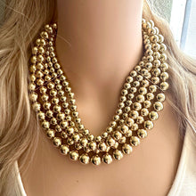 Load image into Gallery viewer, Gold Mirror chunky collar statement necklace, big beaded jewelry gifts for women bib jewelry 5 strand metallic acrylic resin gold shiny