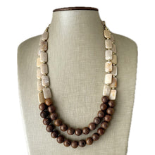 Load image into Gallery viewer, 2 Strand Wood & Tan Beaded Necklace, brown Jewelry Chunky statement necklace, big beaded necklace jewelry, natural smooth wood