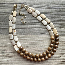 Load image into Gallery viewer, 2 Strand Wood & Tan Beaded Necklace, brown Jewelry Chunky statement necklace, big beaded necklace jewelry, natural smooth wood