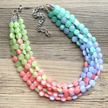 Load image into Gallery viewer, Newport Beach Resort Statement Necklace, Chunky 5 Strand Jewelry, purple coral blue necklace, bib beaded collar green bead periwinkle