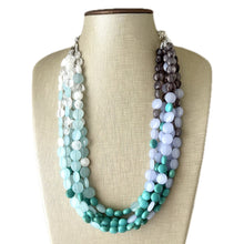 Load image into Gallery viewer, First Snow Of Fall Statement Necklace, Chunky 5 Strand Jewelry, gray white blue necklace, bib beaded collar bead periwinkle sky aqua