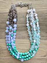 Load image into Gallery viewer, First Snow Of Fall Statement Necklace, Chunky 5 Strand Jewelry, gray white blue necklace, bib beaded collar bead periwinkle sky aqua
