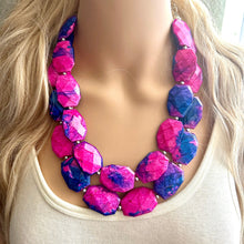 Load image into Gallery viewer, Gender Reveal Party Necklace, Pink and Blue Double Layer statement necklace, chunky bib necklace, party gift jewelry, baby shower necklace