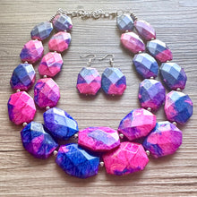 Load image into Gallery viewer, Gender Reveal Party Necklace, Pink and Blue Double Layer statement necklace, chunky bib necklace, party gift jewelry, baby shower necklace