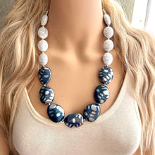 Load image into Gallery viewer, Vintage Navy & Silver Beaded long necklace, white shiny beaded statement necklace, everyday chunky layering single strand gray bead