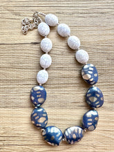 Load image into Gallery viewer, Vintage Navy & Silver Beaded long necklace, white shiny beaded statement necklace, everyday chunky layering single strand gray bead