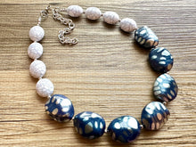 Load image into Gallery viewer, Vintage Navy & Silver Beaded long necklace, white shiny beaded statement necklace, everyday chunky layering single strand gray bead
