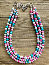 Load image into Gallery viewer, Cotton Candy Carnival Necklace, Pink & blue Gender Reveal Party Present, blush pink baby blue chunky beaded royal blue hot pink